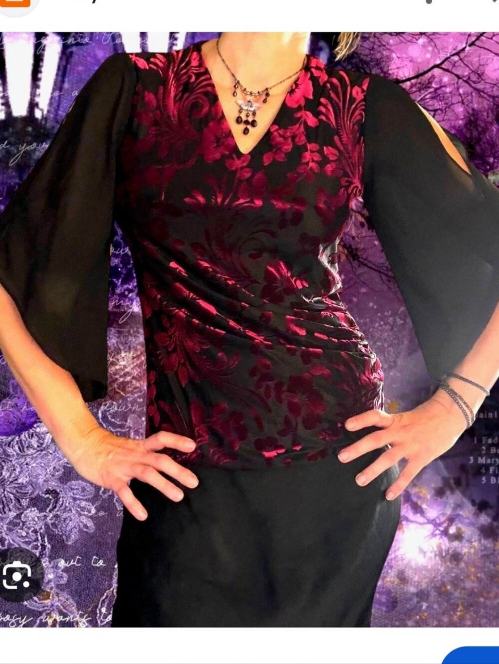 Grace Karin Women Vneck Blouse Burnout Velvet Black-Burgundy Whimsygoth Fairy